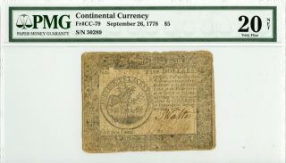 Fr Cc - 79 1778 $5 Continental Currency Pmg Vf20 Net photo
