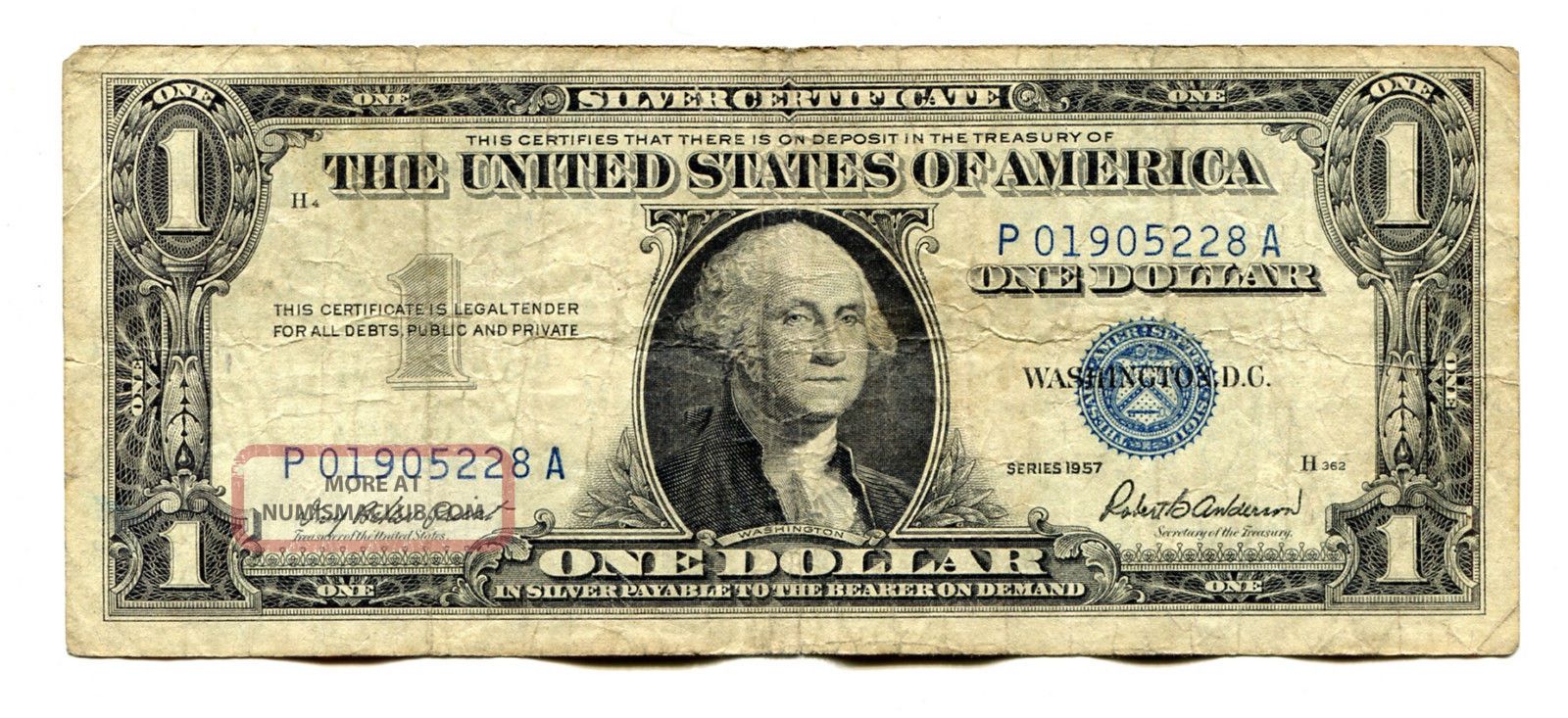 1957 A Series Blue Seal Us Silver Certificate $1 P01905228a
