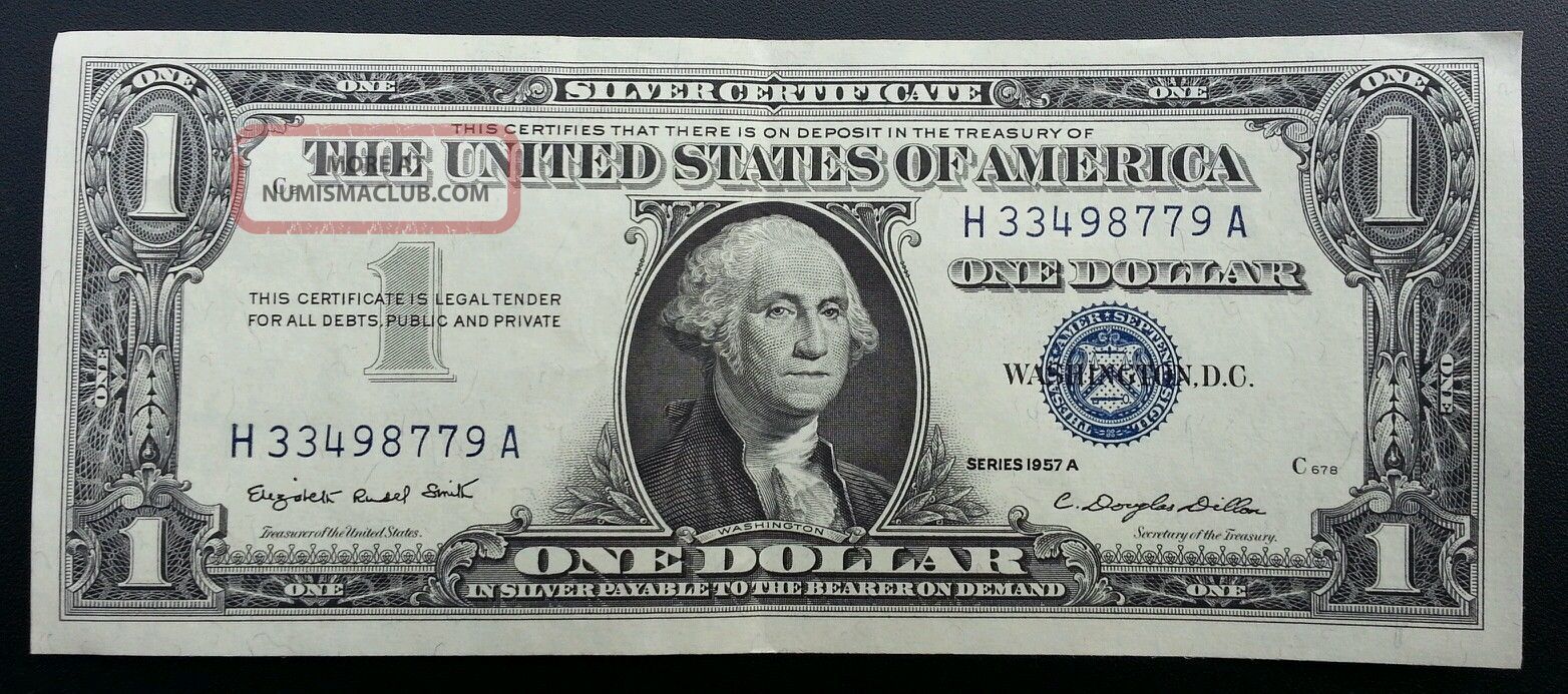 1957 A Silver Certificate Blue Label Seal One Dollar Bill