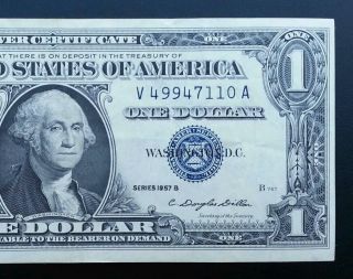 1957 B Silver Certificate Blue Label Seal One Dollar Bill Crisp photo