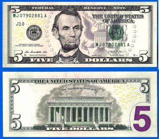 Usa 5 Dollars 2013 Unc Kansas City J10 Suffix A Us United States Dollar photo