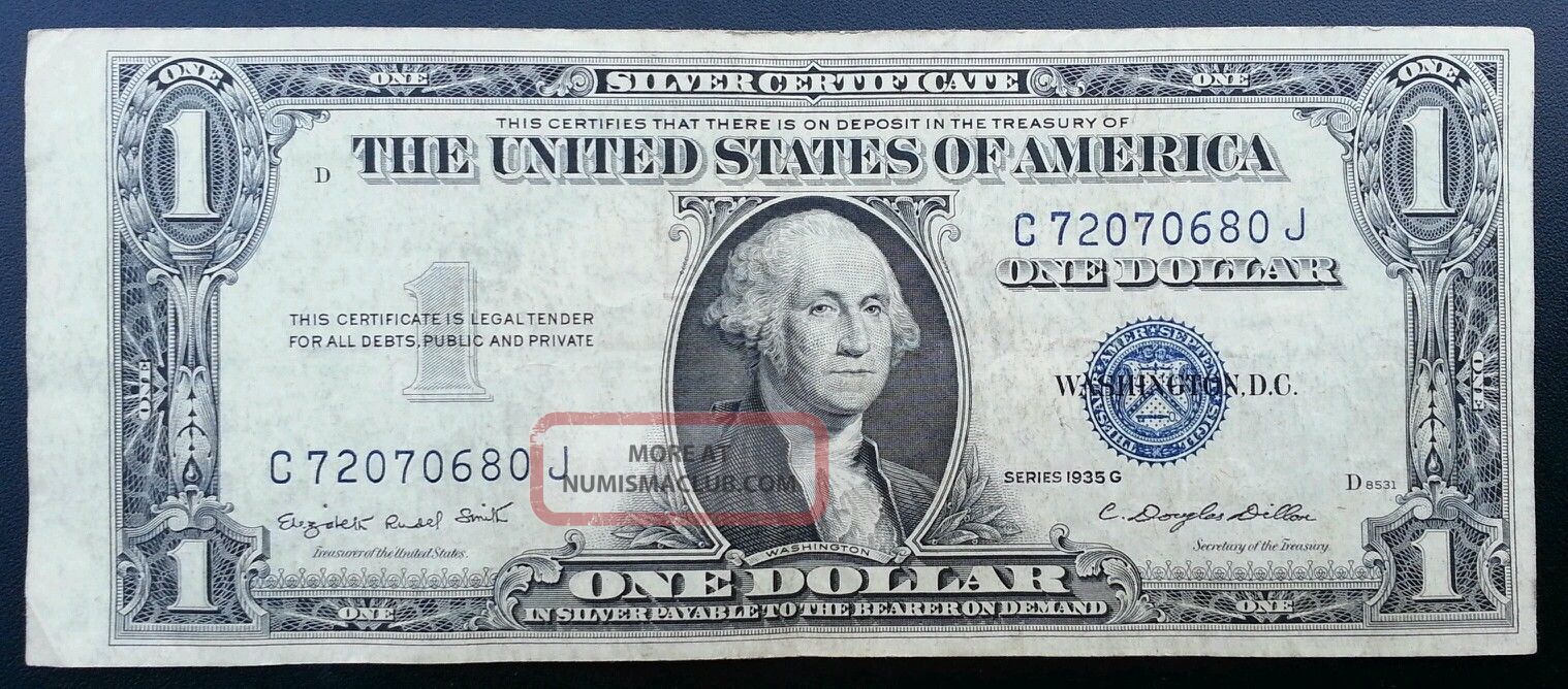 1935 G Silver Certificate Blue Seal One Dollar Bill Off Center Error