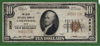 {cincinnati} $10 The Atlas National Bank Of Cincinnati Ohio Ch 3639 Vf photo