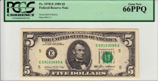 Fr.  1978 - E Series 1985 $5 Federal Reserve Note Pcgs Gem 66ppq Graded Bill photo