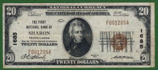 {sharon} $20 The First National Bank Of Sharon Pa Ch 1685 Xf+ photo