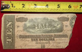 1864 Confederate State Of Richmond Ten Dollar $10 Treasury Note 91768 photo