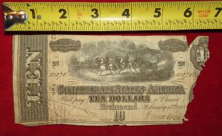1864 Confederate State Of Richmond Ten Dollar $10 Treasury Note 51278 photo