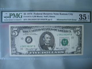 1974 $5 Kansas City Pmg 35 Very Fine Epq Mismatched Serial Number Error Note photo
