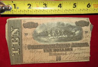 1864 Confederate State Of Richmond Ten Dollar $10 Treasury Note 15858 photo