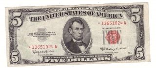 1953 - C $5 United States Note Star Note Vf photo