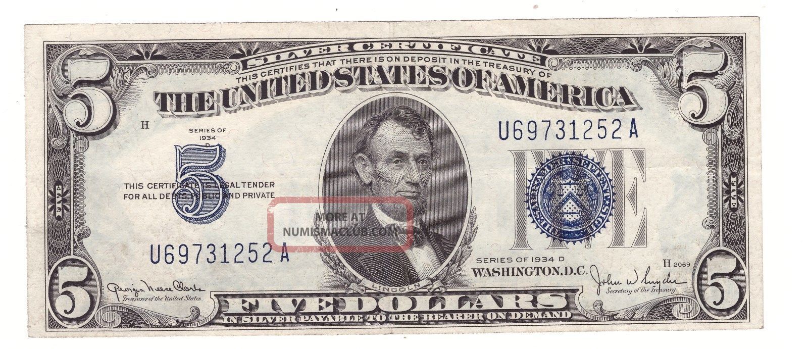 1934 - D $5 Silver Certificate Ef Small Size Notes photo