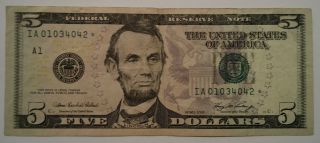 2006 Star Note $5 Federal Reserve Note Dollar Bill Ia01034042 Star photo