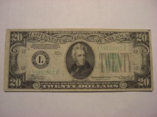 1934 A $20 Bill; Federal Reserve Note,  San Fran 