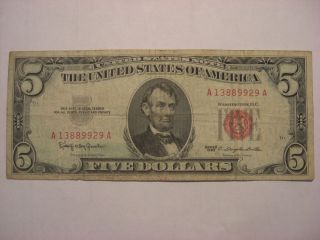 1963 $5 United States Note; Circulated Five Dollars ' Red Ink ' Serial Number - Rare photo