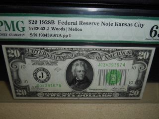 $20 1928b Fr 2052 - J Federal Reserve Note Kansas City Pmg 65 photo