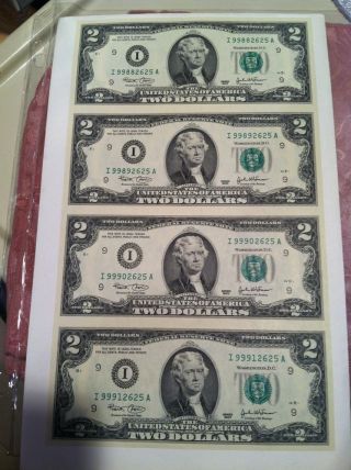 Sheet Of 4 Two Us Dollar Bills Connected On One Sheet Unc Two Dollars photo