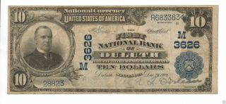 $10 1902 Duluth Minnesota Mn National Currency Bank Note Bill Ch.  3626 photo