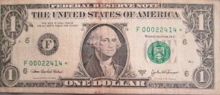 One Dollar $1 Frn (atlanta) Star With Low Serial Number F00022414 Ave photo