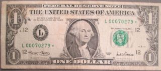 One Dollar $1 Frn San Fran Star With Low Serial Number L00070279 Avecirc photo