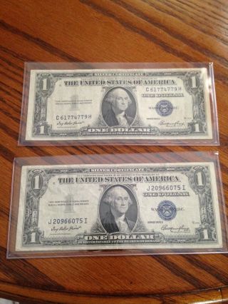 (2) - 1935 E Silver Certificate Blue Label Seal One Dollar Bill photo