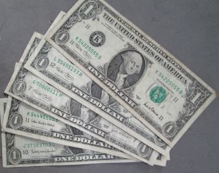 Five One Dollar $1 Frn Fancy Multiples 5s 0s 7s 3s All Are Fine Or Bet photo