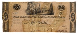 $5 Merchants Bank Alexandria Scarce Old Virginia Obsolete Paper Money Va Bill photo
