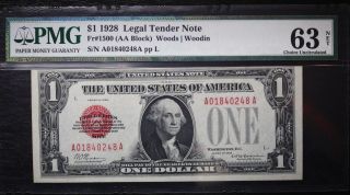 1928 $1 Silver Certificate Red Seal Fr 1500 Aa Block Choice Uncirculated 63 Net photo