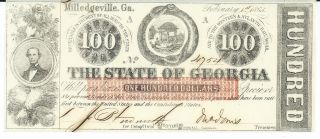 State Of Georgia Milledgeville $100 1863 Signed Issued Red Overprint 4754 photo