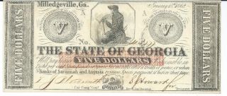 State Of Georgia Milledgeville $5 1862 Signed Issued Black Treasury Seal 43277 photo