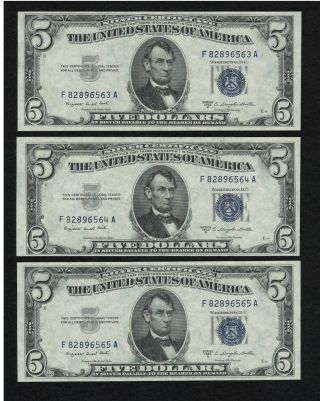 3 1953 B Consecutive Five Dollar Silver Certificates photo