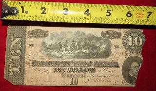 1864 Confederate State Of Richmond Ten Dollar $10 Treasury Note 67578 photo