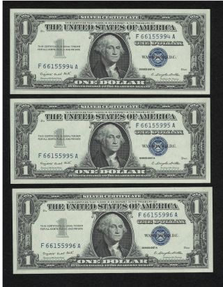 3 1957 A Consecutive & Uncircualted One Dollar Silver Certificates photo