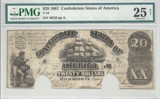 Confederate Twenty Dollars/1861/t - 18/civil War Circulated Currency/csa/pmg 25 photo