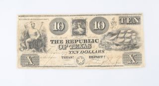 1840 Ten Dollar Note Republic Texas $10 Lone Star Sovereign Nation Independent photo