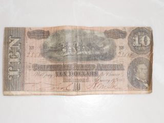 1864 Confederate States Of America Series 8 Ten Dollar Note 25686 photo