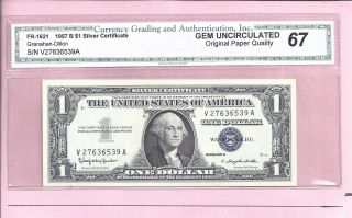 Silver Certificate $1.  00 1957 Fr - 1621 $1 V - A Block Cga Gem - Uncircuated 67 6539 photo