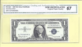 Silver Certificate $1.  00 1957 Fr - 1621 $1 V - A Block Cga Gem - Uncircuated 67 6546 photo