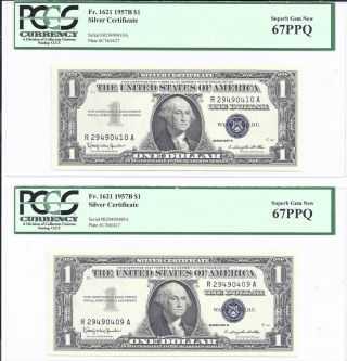 2 Consec 67 Sup - Gem 1957 - B Silver Certificate $1.  Fr - 1621 R - A Block 0409 - 0410 photo