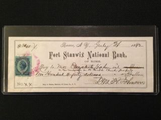 Lacc 1882 Fort Stanwix National Bank Check From Rome,  Ny - Blue 2 Cent Irs Stamp photo