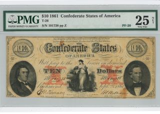 Confederate 1861 $10 Type - 26 Graded,  Csa T - 26 T26 Civil War Currency Ten Dollars photo