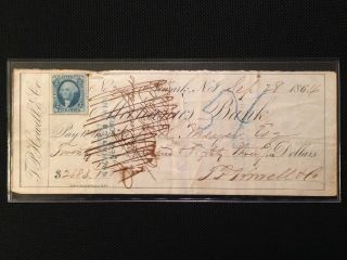 Lacc 1864 Mechanics Bank Check - Newark,  Nj Blue Washington 2 Cent Irs Stamp photo