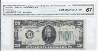 $20 1934 D Cleveland Narrow Green Seal Cga Gem Uncirculated 67 photo