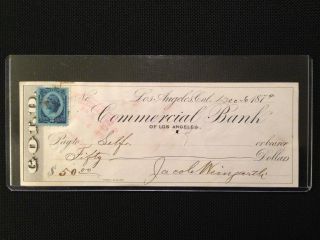 Lacc 1879 Commercial Bank Check Of Los Angeles With Blue 2 Cent Irs Bank Stamp photo