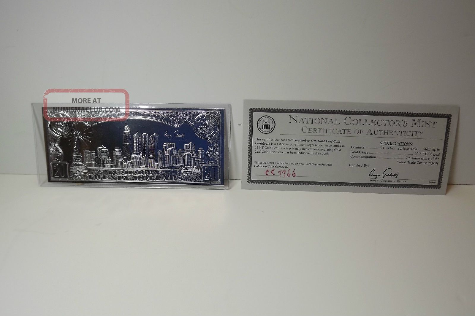 $20 September 11th Silver Leaf Coin Certificate