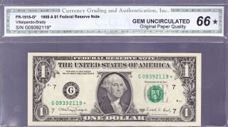 1988 A $1 Federal Reserve Note Frn G - Star Cu Unc Cga Gem 66 photo