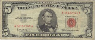 1963 $5 Dollars United States Note Currency Banknote Money Bank Bill Cash Usa photo