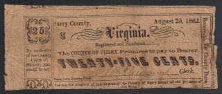 25¢ 1862 Surry County Virginia Csa Civil War Southern Old Obsolete Va Paper Bill photo