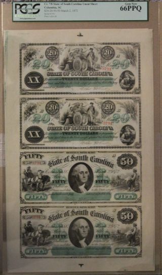 1872 $20/$50 Columbia South Carolina Sheet Uncut - Pcgs 66ppq photo