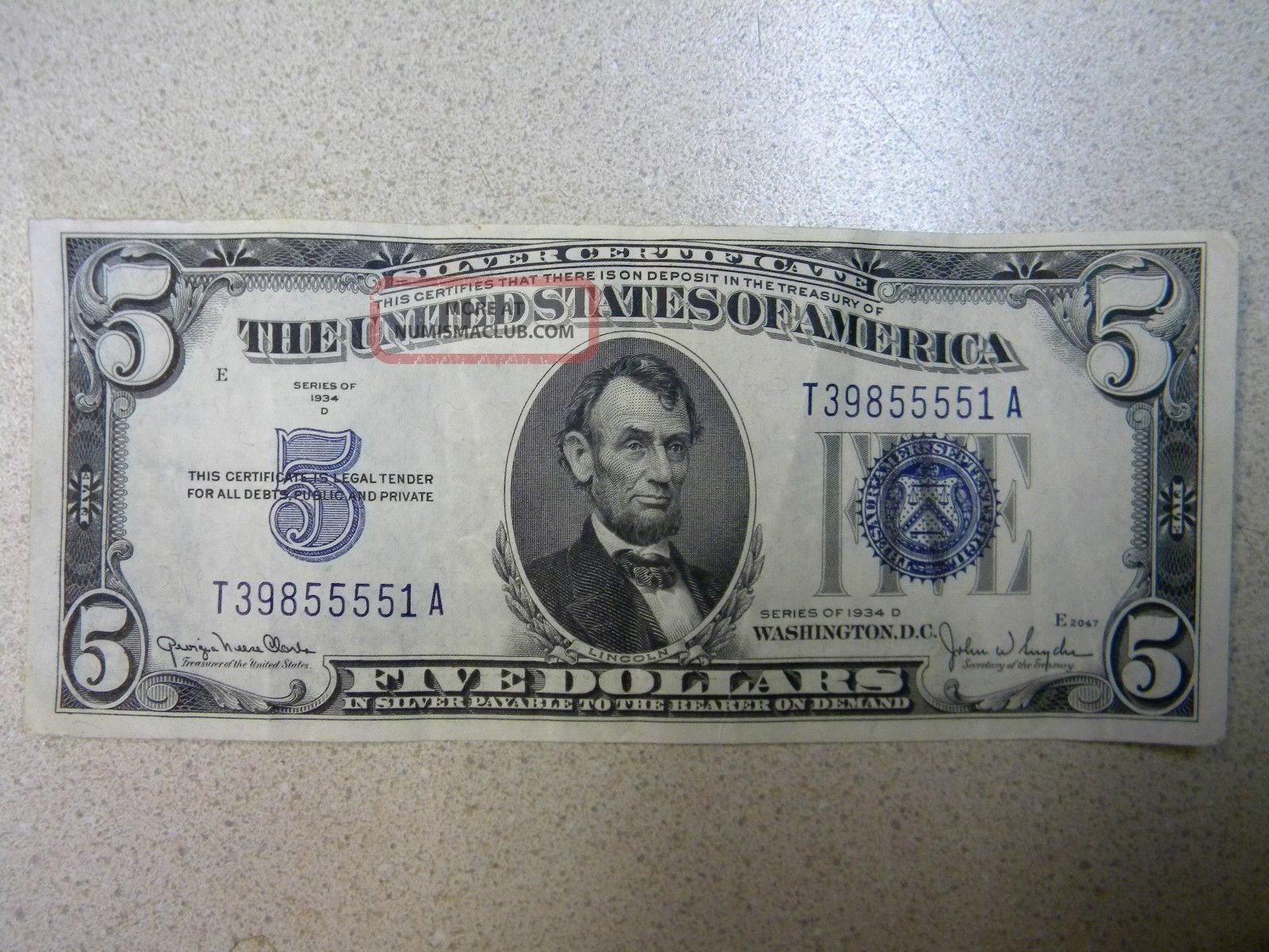 1934 D Five Dollar Silver Certificate Note No Tears But Has Been Folded