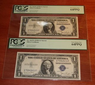 Two Consec.  1935 - D $1 Silver Certificate Fr.  1613n Pcgs Very Choice Unc 64 Ppq photo